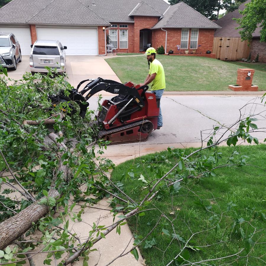 Vision Tree Service operator feeding fresh trimmings into the chipper outside an Edmond home