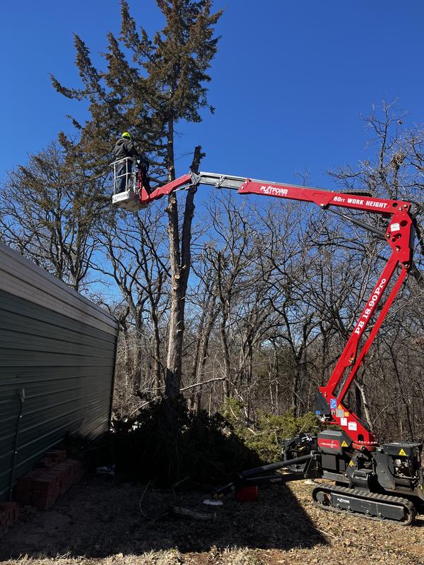 Vision Tree Service spider lift set up beside a house for a tight access removal