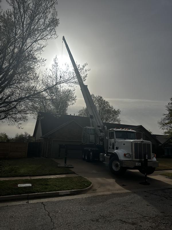 Vision Tree Service crane removing a tree over a house at dawn
